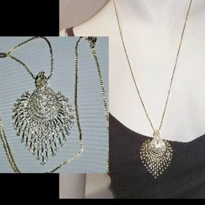 18K Gold Over 925 Large CZ Crystal Waterfall Peacock Pendant Box Chain Necklace